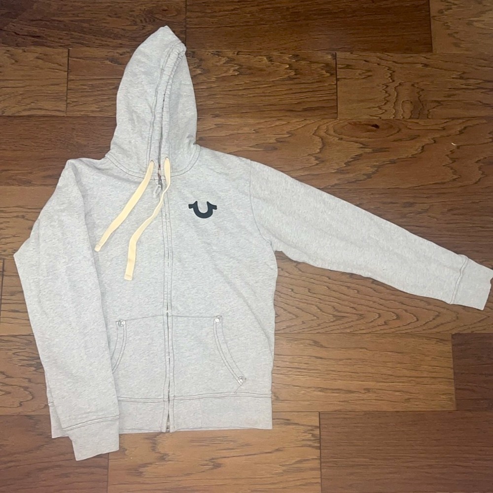 True Religion - Light grey, zip up sweater.